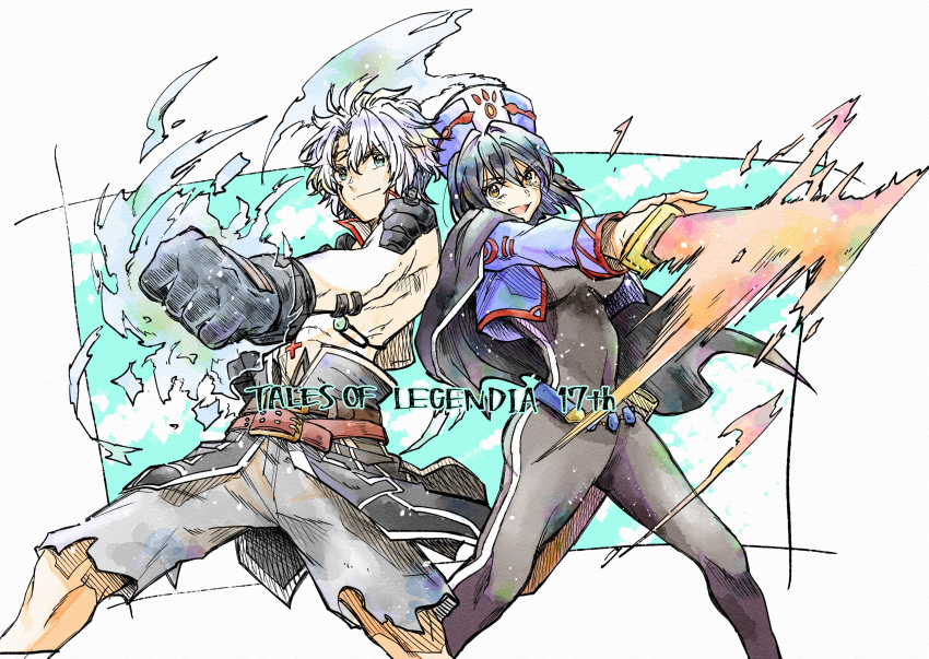 1boy 1girl absurdres anniversary bangs black_bodysuit black_gloves black_jacket blue_eyes bodysuit breasts brown_eyes chloe_valens clenched_hand clothes_around_waist covered_navel gloves grey_shorts highres holding holding_sword holding_weapon jacket jacket_around_waist kudou_makoto medium_breasts open_mouth parted_bangs senel_coolidge shorts skin_tight smile sword tales_of_(series) tales_of_legendia weapon white_hair