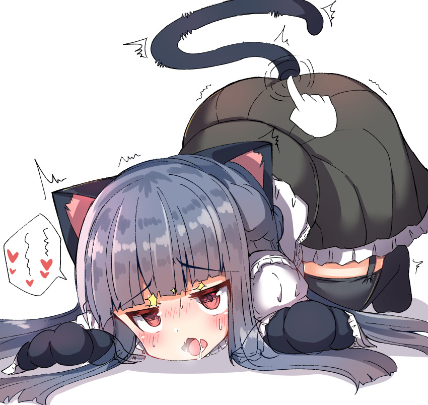 1girl absurdres all_fours animal_ears animal_hands bangs black_thighhighs blue_hair blunt_bangs blunt_ends blush cat_ears cat_paws cat_tail dark_blue_hair drooling full-face_blush garter_straps heart highres idolmaster idolmaster_cinderella_girls idolmaster_cinderella_girls_starlight_stage pov pov_hands red_eyes sajo_yukimi saliva simple_background solo spoken_heart sweatdrop tail thighhighs top-down_bottom-up trembling umberblack
