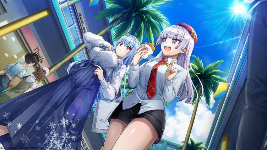 2girls bag beret black_shorts blue_hair blue_skirt breasts collared_shirt copyright dolphin_wave extra food from_below game_cg grey_hair hat highres holding holding_food large_breasts light_blue_hair long_hair long_skirt multiple_girls nayuki_hiori necktie official_art palm_tree purple_eyes red_eyes red_headwear red_necktie schnee_weissberg shirt shopping_bag shorts skirt taiyaki tree wagashi white_shirt