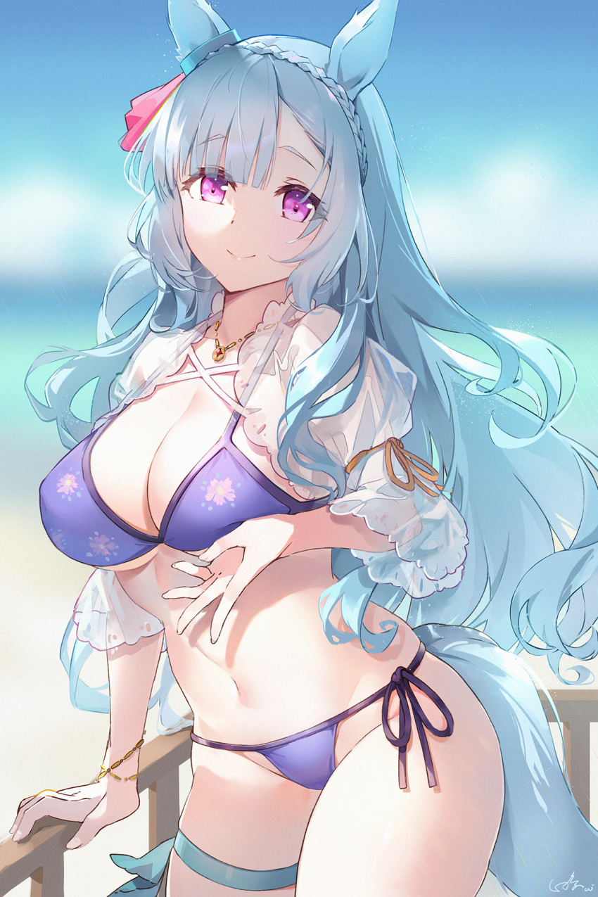 1girl animal_ears baisi_shaonian bangs bikini blue_hair blush braid breasts cleavage collarbone crown_braid day floral_print highres horse_ears horse_girl horse_tail jewelry large_breasts light_blue_hair long_hair looking_at_viewer mejiro_ardan_(umamusume) navel necklace outdoors print_bikini purple_eyes ribbon side-tie_bikini signature smile solo string_bikini swimsuit tail thigh_strap thighs umamusume