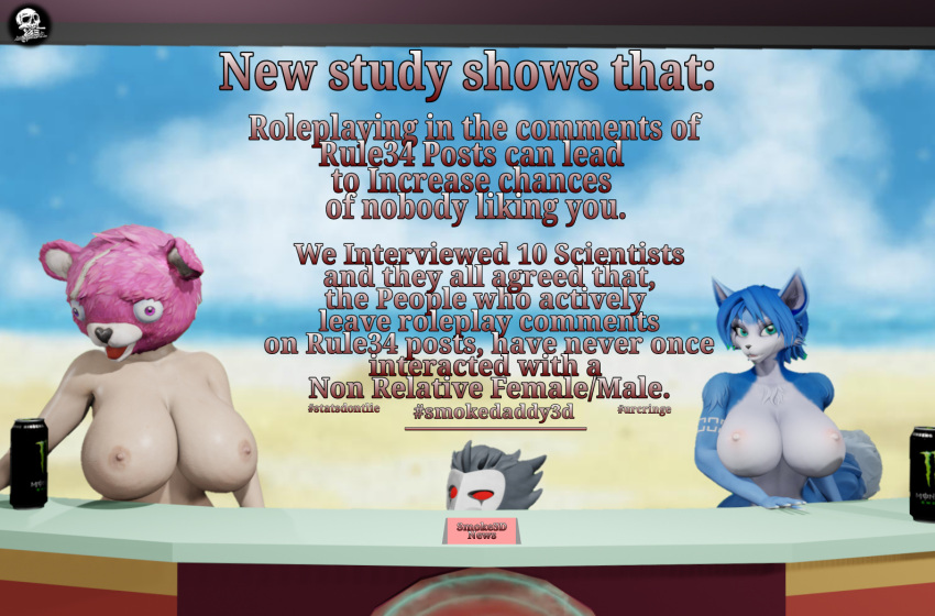 3d_(artwork) anthro areola avian beak beverage big_breasts bird blender_(software) blue_body blue_fur blue_hair breasts canid canine clothing commentary confusion cuddle_team_leader dialogue digital_media_(artwork) energy_drink english_text epic_games female fortnite fox fur group hair helluva_boss human humanoid humor joke krystal looking_at_viewer male mammal meme monster_energy news news_report nintendo nipples nude open_mouth peaking pink_body pink_fur reporter roleplay rule34.xxx smokedaddy star_fox stolas_(helluva_boss) television text tongue trio ursid video_games white_body white_fur