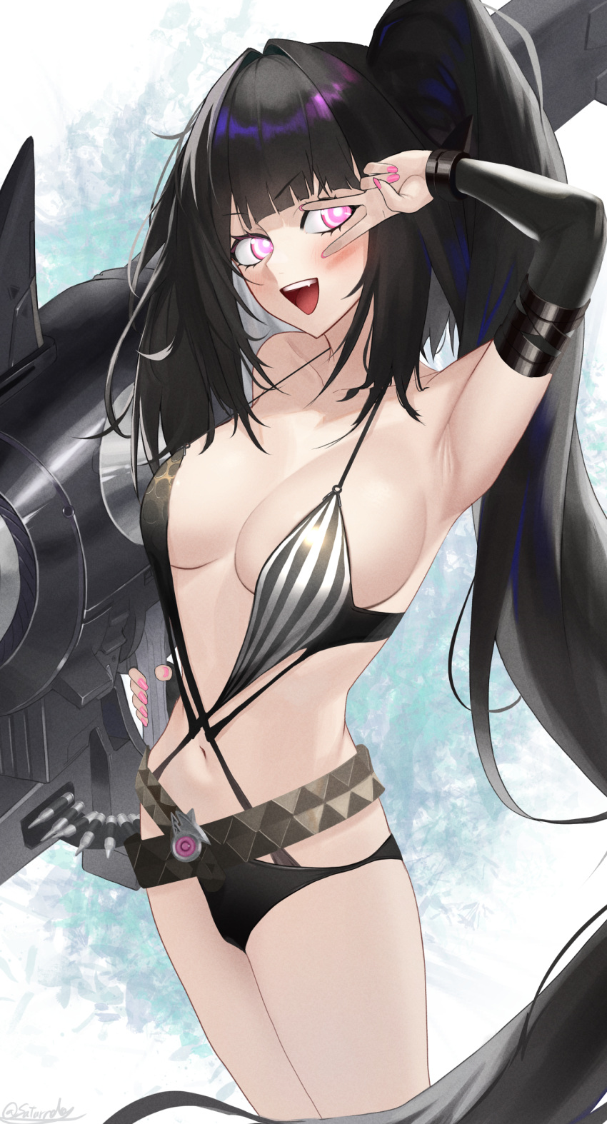 1girl absurdres architect_(girls'_frontline) architect_(nvw_model)_(girls'_frontline) arm_up arm_warmers armpits bangs bare_shoulders belt black_hair black_swimsuit blush breasts cleavage collarbone cowboy_shot feet_out_of_frame girls'_frontline gun highres holding holding_gun holding_weapon long_hair looking_at_viewer medium_breasts nail_polish navel official_alternate_costume one_side_up open_mouth pink_eyes pink_nails revision rocket_launcher sangvis_ferri saturndxy side_ponytail simple_background smile solo standing swimsuit teeth twitter_username upper_teeth v very_long_hair weapon