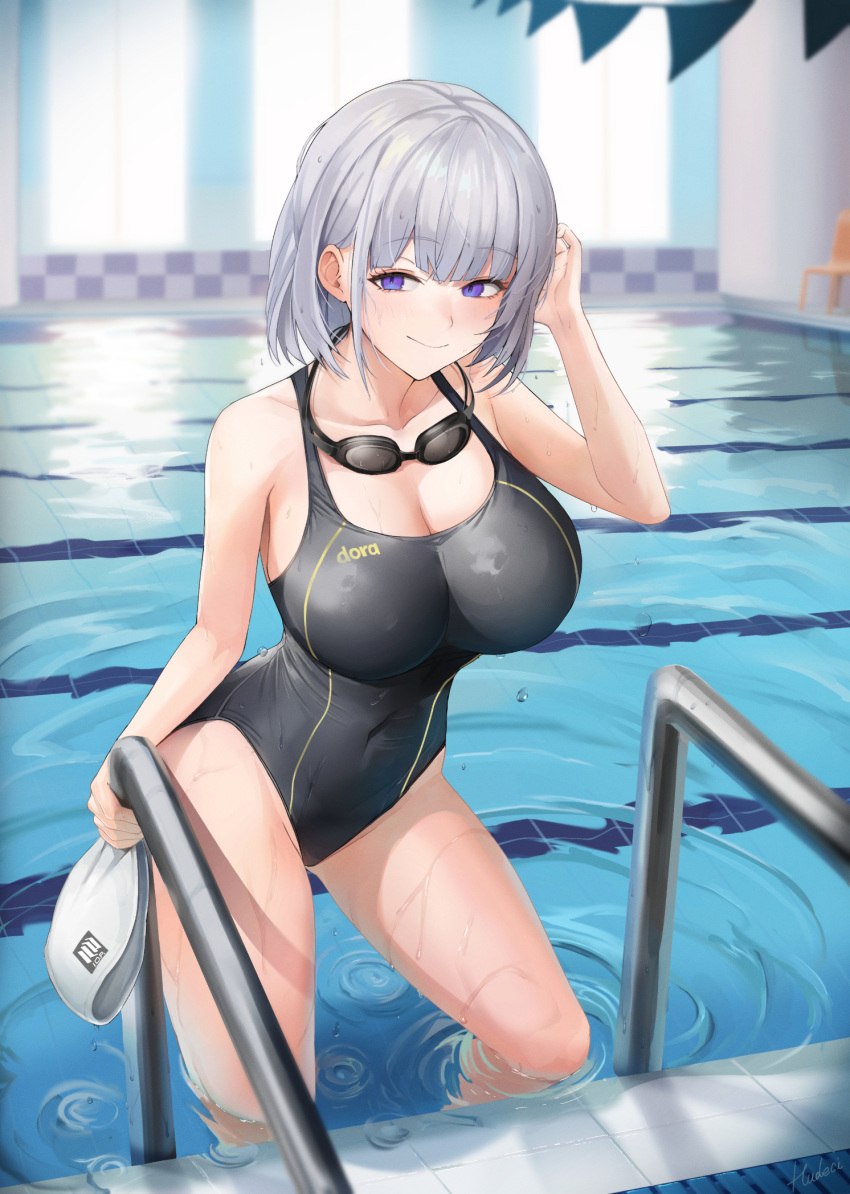1girl bangs bare_arms bare_shoulders beruko14 black_swimsuit blue_eyes blush breasts cleavage closed_mouth collarbone girls'_frontline goggles goggles_around_neck grey_hair highres large_breasts looking_at_viewer one-piece_swimsuit pool rpk-16_(girls'_frontline) short_hair smile solo swim_cap_removed swimsuit thighs wet