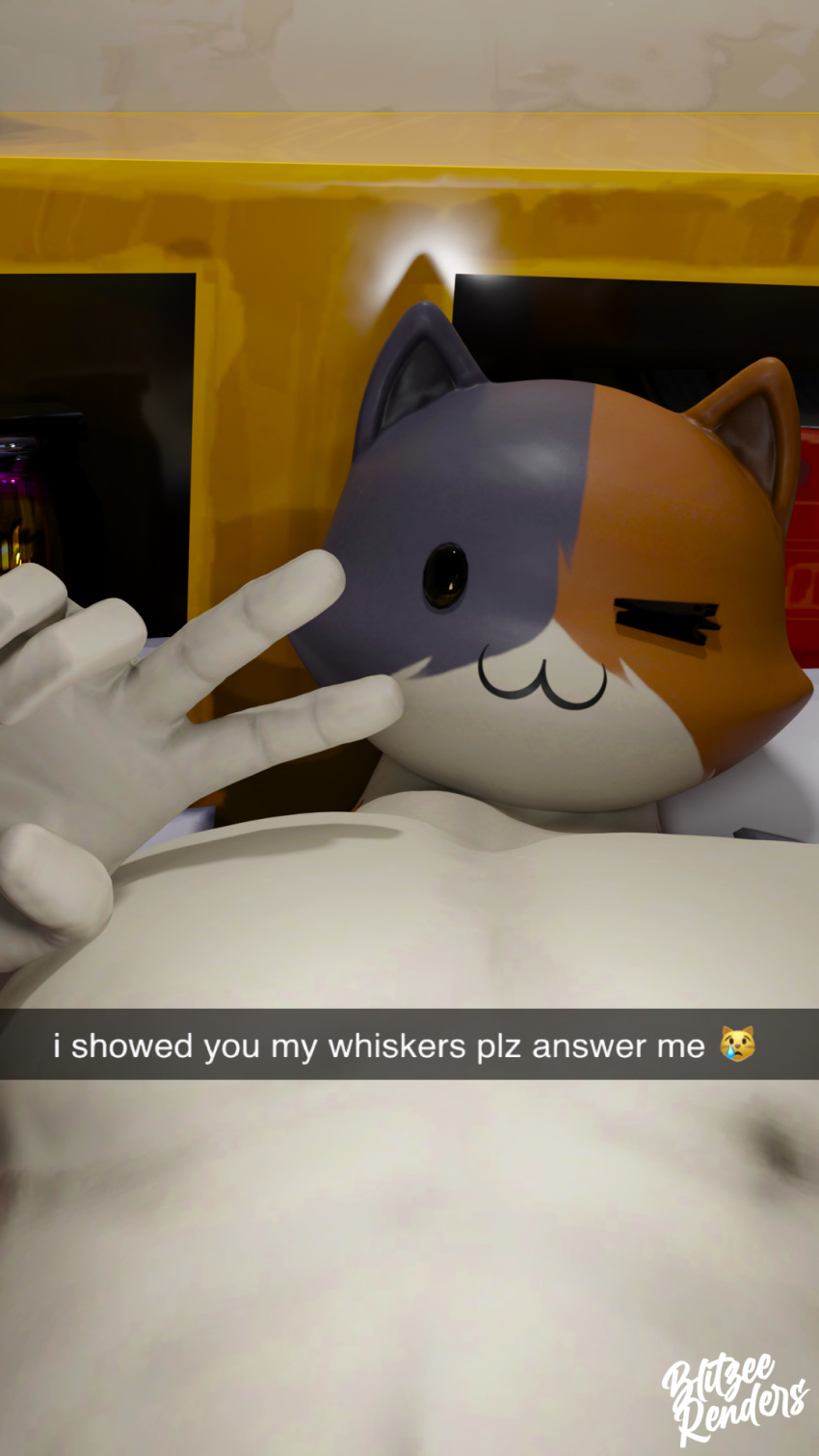 9:16 animal_humanoid anthro blitzee_renders cat_humanoid english_text epic_games felid felid_humanoid feline feline_humanoid fortnite hi_res humanoid male mammal mammal_humanoid meowscles one_eye_closed peace_sign_(disambiguation) pecs seductive snapchat solo text video_games wink