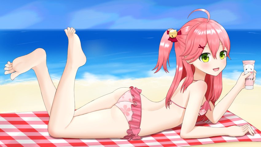 1girl ahoge arched_back arm_support ass bangs bare_legs barefoot beach beach_towel bell bikini blue_sky blurry blurry_background breasts commentary_request eyelashes feet feet_up frilled_bikini frills from_side full_body green_eyes hair_bell hair_between_eyes hair_ornament hand_up highres holding hololive knees_together_feet_apart legs long_hair looking_at_viewer lotion lying medium_breasts nail_polish on_stomach one_side_up open_mouth outdoors pink_bikini pink_hair pink_nails print_bikini sakura_miko shadow shiny shiny_hair shiny_skin side_ponytail sky smile soles solo spread_toes sunscreen swimsuit tamagotozi3420 thighs toenail_polish toenails toes towel virtual_youtuber x_hair_ornament