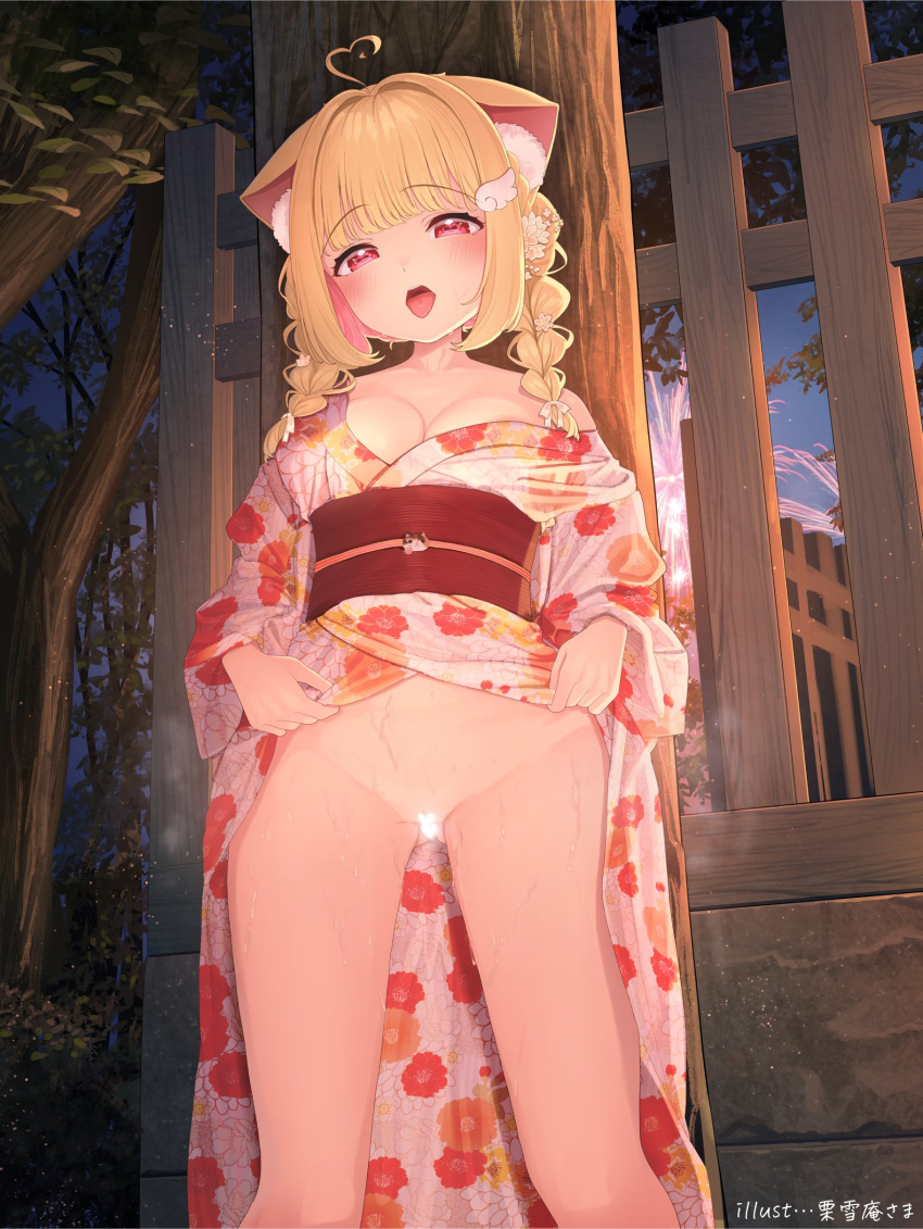 1girl absurdres ahoge animal_ear_fluff animal_ears artist_name bangs blonde_hair blunt_bangs blush bottomless braid breasts cat_ears cat_girl censored cleavage fence fireworks floral_print hair_ornament hair_ribbon heart heart_ahoge heart_censor highres japanese_clothes kemomimi_refle! kimono kuyukian3 large_breasts long_hair long_sleeves looking_at_viewer multicolored_hair nekoma_karin night no_panties obi open_mouth outdoors pink_hair red_eyes ribbon sash second-party_source sidelocks solo tongue tongue_out tree twin_braids virtual_youtuber wide_sleeves wing_hair_ornament yukata