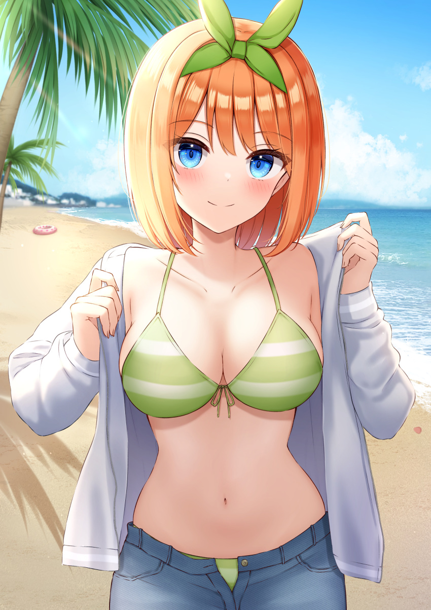 1girl absurdres beach bikini blue_eyes blue_pants blue_sky breasts cleavage closed_mouth cloud commentary_request day denim go-toubun_no_hanayome green_bikini green_hairband hairband highres jacket jeans large_breasts looking_at_viewer navel ocean open_clothes open_jacket orange_hair outdoors palm_tree pants short_hair sky smile striped striped_bikini summer swimsuit tree white_jacket yukiunag1