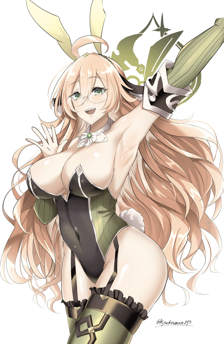 1girl absurdres ahoge armpits blonde_hair breasts collar covered_navel detached_sleeves duel_monster frilled_thighhighs frills garter_straps glasses green_thighhighs highres large_breasts long_hair looking_at_viewer playboy_bunny smile synchroman thighhighs very_long_hair waving wavy_hair witchcrafter_genni yu-gi-oh! zettai_ryouiki