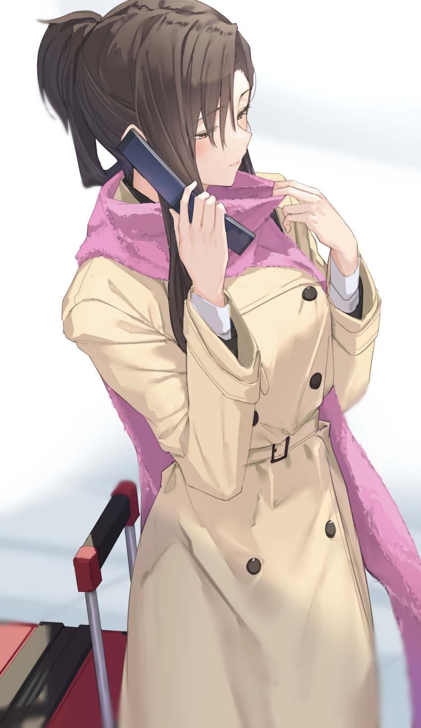 1girl absurdres bangs belt_buckle blush brown_coat brown_hair buckle cellphone closed_mouth coat commentary_request flip_phone hands_up highres holding holding_phone kazaoka_mari long_hair long_sleeves pallad phone pink_scarf red_eyes scarf simple_background solo standing suitcase white_album_2 white_background