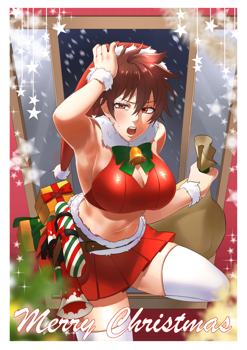 1girl absurdres aragaki_nagisa arm_up armpits breasts brown_hair cleavage hanebado! hat highres kurokiseow large_breasts looking_at_viewer open_mouth red_eyes red_skirt santa_hat skirt sweat thighhighs tomboy