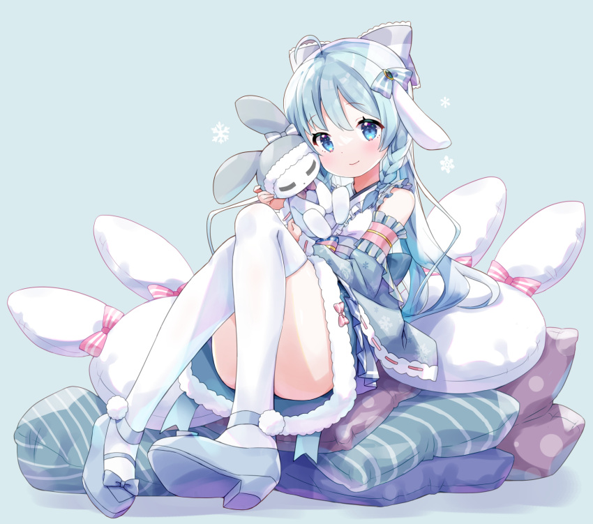 1girl =_= ahoge amimi animal_ears bangs blue_bow blue_dress blue_eyes blue_hair bow braid bunny_pillow closed_eyes commission detached_sleeves dot_nose dress fake_animal_ears footwear_bow full_body fur-trimmed_dress fur_trim grey_bow hair_bow highres holding holding_stuffed_toy light_blue_background light_blush light_smile long_hair long_sleeves looking_at_viewer mary_janes obi original pillow pink_bow polka_dot polka_dot_pillow pom_pom_(clothes) sash shoes sitting skeb_commission sleeveless sleeveless_dress snowflake_print snowflakes striped striped_bow striped_pillow stuffed_animal stuffed_bunny stuffed_toy thighhighs thighs twin_braids white_thighhighs