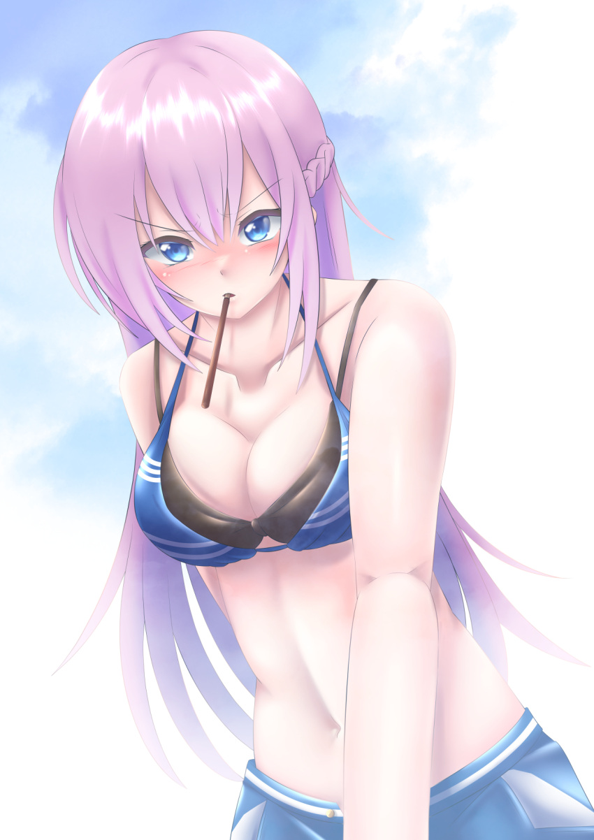 1girl bikini black_bikini blue_bikini blue_eyes blush braid breasts chooper cleavage cloud cloudy_sky commentary_request cowboy_shot food highres kawaii_dake_ja_nai_shikimori-san large_breasts long_hair navel pink_hair pocky shikimori_(kawaii_dake_ja_nai) sky solo swimsuit swimsuit_under_swimsuit