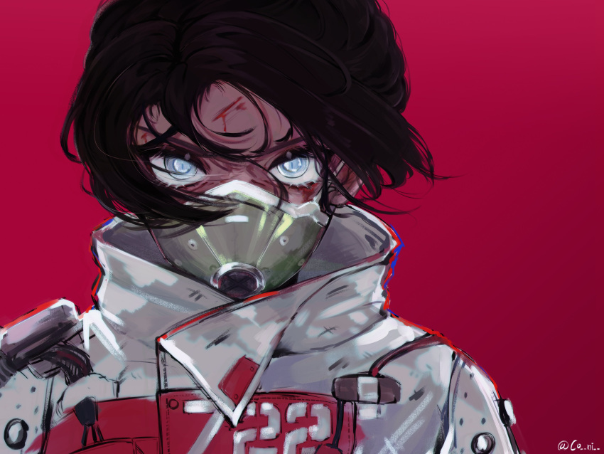 1girl absurdres animification apex_legends bangs black_hair blood blood_on_face blue_eyes coni_(co_ni_) cuts floating_hair highres injury jacket looking_at_viewer mask mouth_mask official_alternate_costume parted_bangs quarantine_722_wraith red_background solo twitter_username white_jacket wraith_(apex_legends)