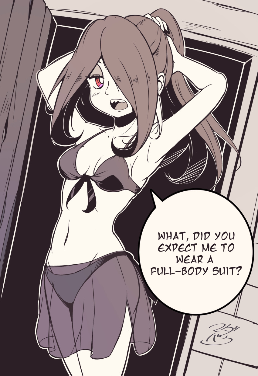 1girl absurdres arms_behind_head bikini breasts doorway dutch_angle english_text highres little_witch_academia long_hair madabau monochrome one_eye_covered ponytail red_eyes small_breasts solo sucy_manbavaran swimsuit tagme teeth transparent