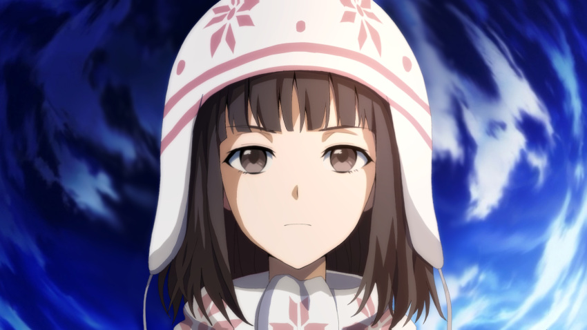 1girl bangs blue_background blunt_bangs brown_eyes brown_hair closed_mouth commentary english_commentary highres looking_at_viewer serious short_hair solo straight-on takitsubo_rikou toaru_majutsu_no_index upper_body user_erpr3844