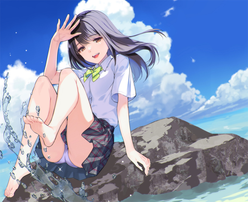 1girl :d arm_support arm_up ass barefoot black_hair blue_sky brown_eyes cloud collared_shirt commentary_request day feet full_body gin_(oyoyo) grey_skirt hair_blowing highres looking_at_viewer ocean open_mouth original outdoors panties pantyshot plaid plaid_skirt pleated_skirt purple_panties rock school_uniform shirt sitting skirt sky smile solo splashing teeth thighs toes underwear upper_teeth water_drop white_shirt