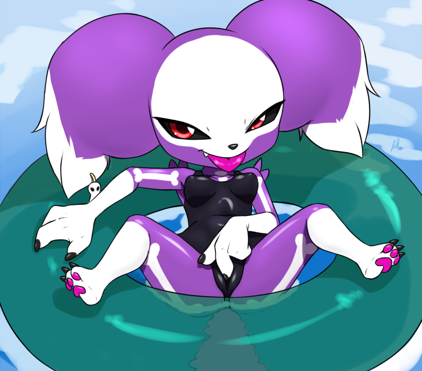 alice_(foxtalon) bandai_namco bone_pattern camel_toe clothing cute_fangs dark_sclera digimon digimon_(species) ear_piercing female fingering fingering_self fur furball_(artist) genitals hybrid impmon inflatable inner_tube masturbation one-piece_swimsuit pawpads piercing purple_body purple_fur pussy red_eyes renamon short_stack skull_accessory solo spread_legs spread_pussy spreading swimming_pool swimwear tongue tongue_out