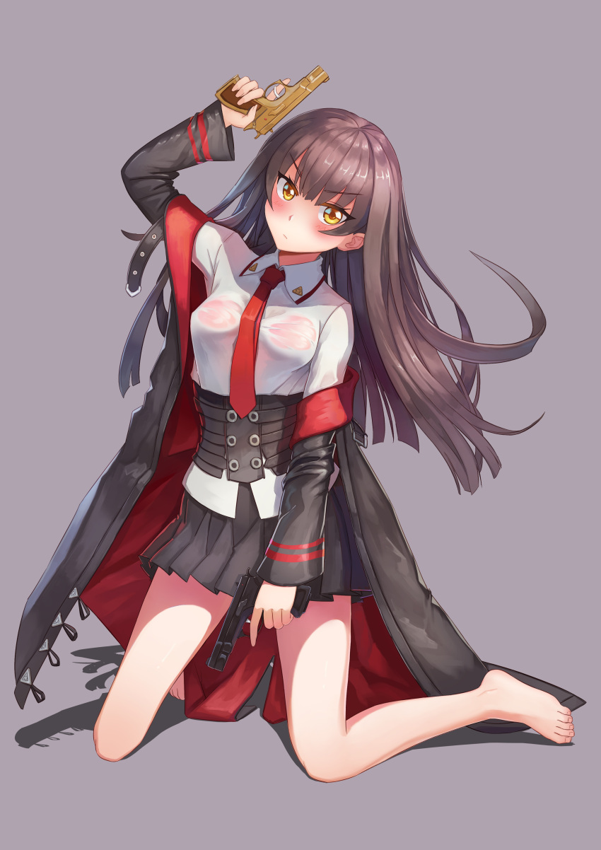 1girl absurdres arm_up bangs barefoot black_coat black_corset black_skirt blush breasts brown_eyes brown_hair closed_mouth coat corset full_body girls'_frontline grey_background gun handgun hebai_xiaochuan highres holding holding_gun holding_weapon holstered_weapon kneeling long_hair long_sleeves looking_at_viewer medium_breasts necktie no_shoes nz75_(girls'_frontline) nz_75 open_clothes open_coat red_necktie see-through see-through_shirt shirt skirt solo weapon white_shirt