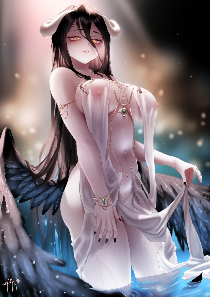 1girl albedo_(overlord) armlet black_hair black_nails black_wings bracelet breasts clothes_lift commentary covered_nipples curled_horns demon_girl demon_horns english_commentary feathered_wings hand_on_own_thigh highres horns jewelry large_breasts long_hair looking_at_viewer low_wings nail_polish navel overlord_(maruyama) parted_lips pelvic_curtain pelvic_curtain_lift revealing_clothes see-through signature slit_pupils solo thighs very_long_hair wading water wet wet_clothes wings yellow_eyes zasshu
