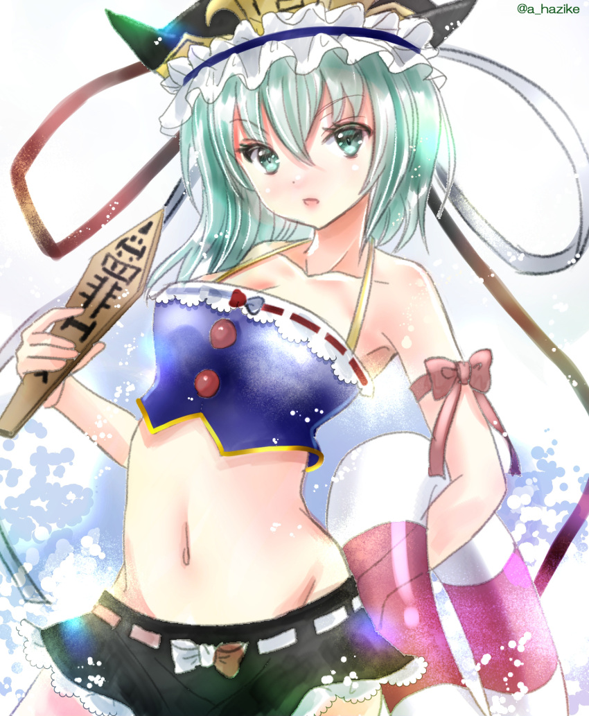 1girl adapted_costume asymmetrical_hair bangs black_headwear black_skirt bow buoy frilled_hat frills green_eyes green_hair groin hajike_akira hat highres looking_at_viewer navel one-hour_drawing_challenge open_mouth red_bow rod_of_remorse shiki_eiki short_hair simple_background skirt solo swimsuit touhou twitter_username white_background