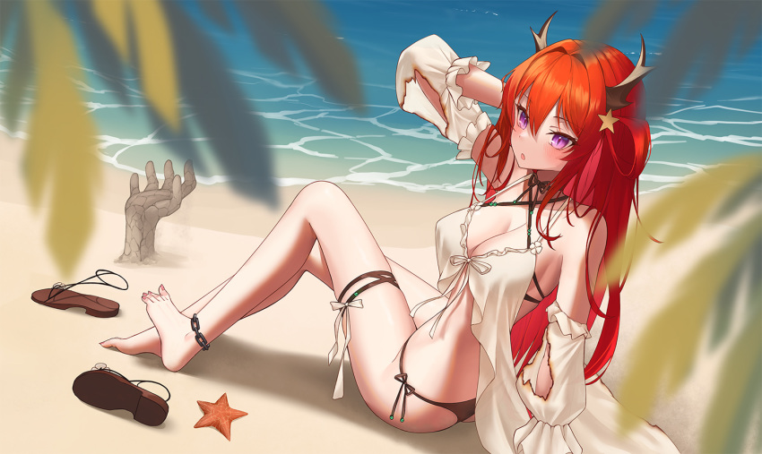 :o anklet arknights arm_up ass bangs bare_shoulders barefoot beach bikini black_bikini blush breasts brown_footwear burnt_clothes chain cleavage criss-cross_halter day detached_sleeves hair_between_eyes hair_ornament hair_rings halterneck hand_in_own_hair horns jewelry knee_up large_breasts long_sleeves nail_polish official_alternate_costume on_ground open_mouth outdoors pink_nails purple_eyes red_hair sand_sculpture sandals sandals_removed side-tie_bikini sitting skindentation star_(symbol) star_hair_ornament starfish surtr_(arknights) surtr_(colorful_wonderland)_(arknights) swimsuit swimsuit_cover-up toenail_polish toenails twisted_torso water z.m._(school913102)