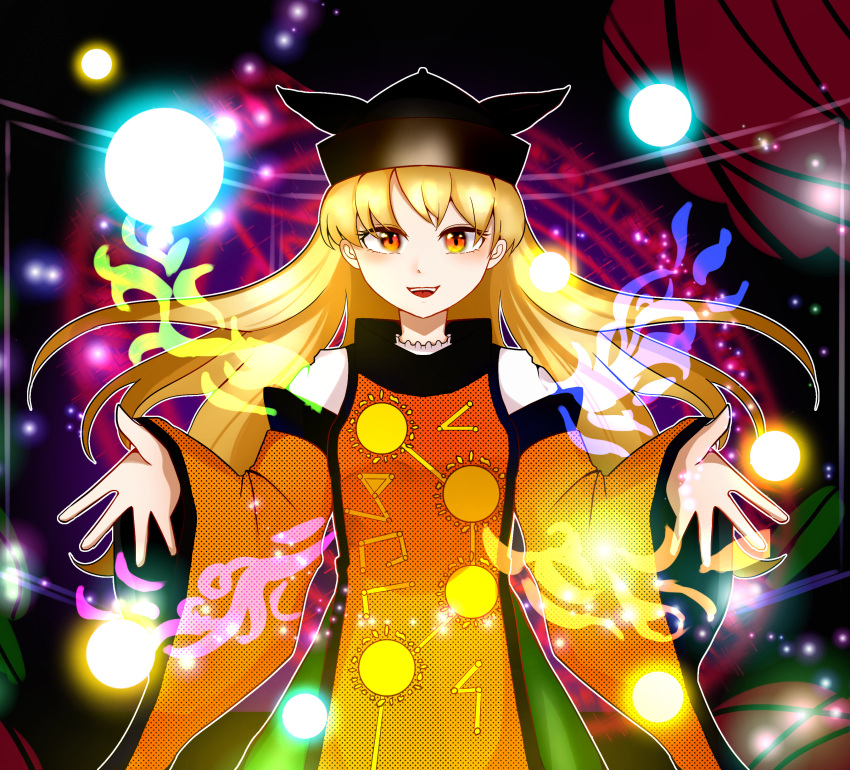 1girl absurdres bangs black_background black_headwear blonde_hair blush brown_headwear cape commentary_request constellation constellation_print danmaku detached_sleeves eyes_visible_through_hair garnet_bluemoon green_skirt hair_between_eyes hands_up hat hidden_star_in_four_seasons highres long_hair long_sleeves looking_at_viewer matara_okina multicolored_eyes open_mouth orange_cape orange_eyes shirt skirt smile solo standing tabard teeth tongue touhou white_shirt wide_sleeves yellow_eyes