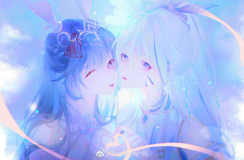 2girls absurdres animal_ears baptistw_bao closed_mouth dots douluo_dalu dress dual_persona hair_ornament hair_tie heart heart_hands highres long_hair looking_at_viewer mei_gongzi_(douluo_dalu) multiple_girls ponytail rabbit_ears tongue tongue_out upper_body white_dress white_hair xiao_wu_(douluo_dalu)