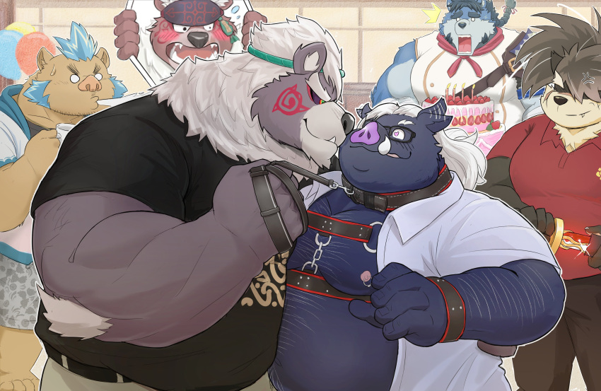 absurd_res another_eidos_of_dragon_vein_r anthro belly body_hair canid canine canis chest_hair domestic_dog freakinglargeoof gouryou group hi_res kimun_kamui_(tas) kissing lifewonders male male/male mammal musclegut nipples pecs robin_(anothereidos_r) shino_(housamo) split_personality suid suina sus_(pig) tokyo_afterschool_summoners ursid video_games wen_kamui_(tas) wild_boar