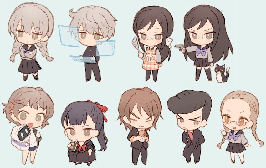 bangs black_skirt braid chibi crossdressing grey_eyes grey_hair juusan_kihei_bouei_ken kisaragi_tomi long_hair long_sleeves male_focus multiple_boys multiple_girls neckerchief ogata_nenji okino_tsukasa otoko_no_ko sailor_collar school_uniform shippou_(juusan_kihei_bouei_ken) simple_background skirt soto twin_braids yakushiji_megumi