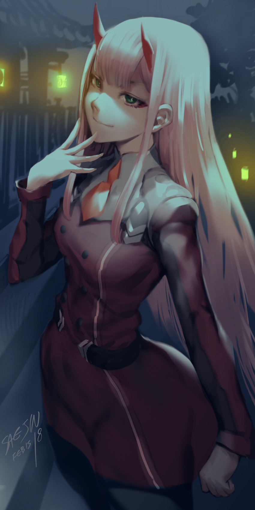 1girl absurdres aqua_eyes bad_id bad_tumblr_id breasts buttons closed_mouth cowboy_shot dark darling_in_the_franxx double-breasted dress eyeshadow finger_to_own_chin green_eyes highres horns lantern long_hair makeup medium_breasts military military_uniform necktie night night_sky oni_horns orange_necktie pantyhose pink_hair red_dress red_horns saejin_oh sky smile solo straight_hair uniform zero_two_(darling_in_the_franxx)