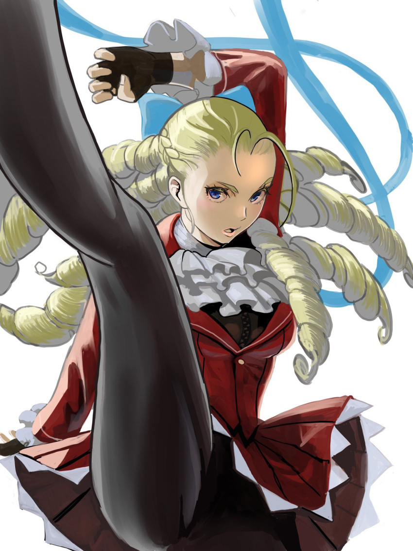 1girl antenna_hair arm_behind_head arm_up black_gloves black_pantyhose blonde_hair blue_bow blue_eyes bow breasts fingerless_gloves frilled_sleeves frills gloves hair_bow highres kanzuki_karin kneepits leg_lift leg_up long_hair long_sleeves looking_at_viewer medium_breasts meke_(77842928) open_mouth pantyhose pleated_skirt red_skirt ringlets simple_background skirt skirt_set solo standing standing_on_one_leg street_fighter street_fighter_v thighs white_background