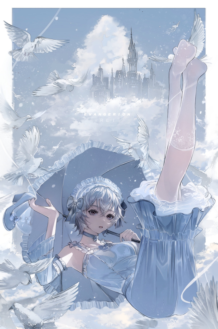 1girl above_clouds absurdres animal ass ayanami_rei bangs bare_shoulders bird blue_bow blue_choker blue_dress blue_footwear blue_hair blue_theme bow breasts castle character_name choker cloud commentary copyright_name day detached_sleeves dove dress falling feathers floating_castle footwear_bow frilled_hairband frilled_umbrella frills full_body hair_between_eyes hair_bow hairband hand_up high_heels highres holding holding_clothes holding_footwear holding_shoes holding_umbrella jewelry kneehighs legs_up long_sleeves looking_at_viewer medium_breasts nat_nim neon_genesis_evangelion no_shoes outdoors outside_border parasol parted_lips pendant red_eyes shoes shoes_removed short_hair sky socks soles solo string umbrella white_socks