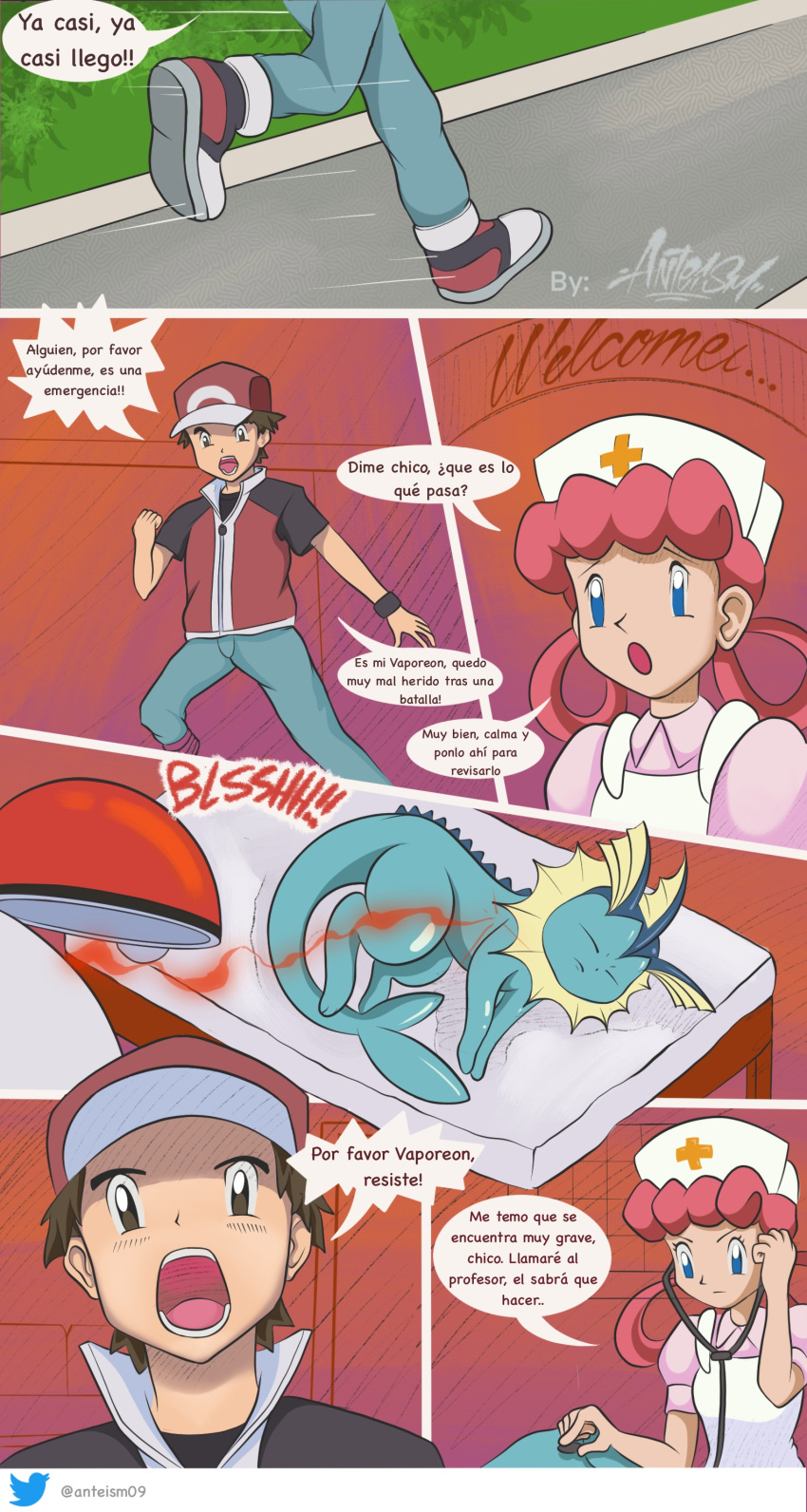 absurd_res anteism comic eeveelution female feral generation_1_pokemon group hi_res human male mammal nintendo nurse_joy pokemon pokemon_(species) red_(pok&eacute;mon) spanish_text tagme text trio vaporeon video_games