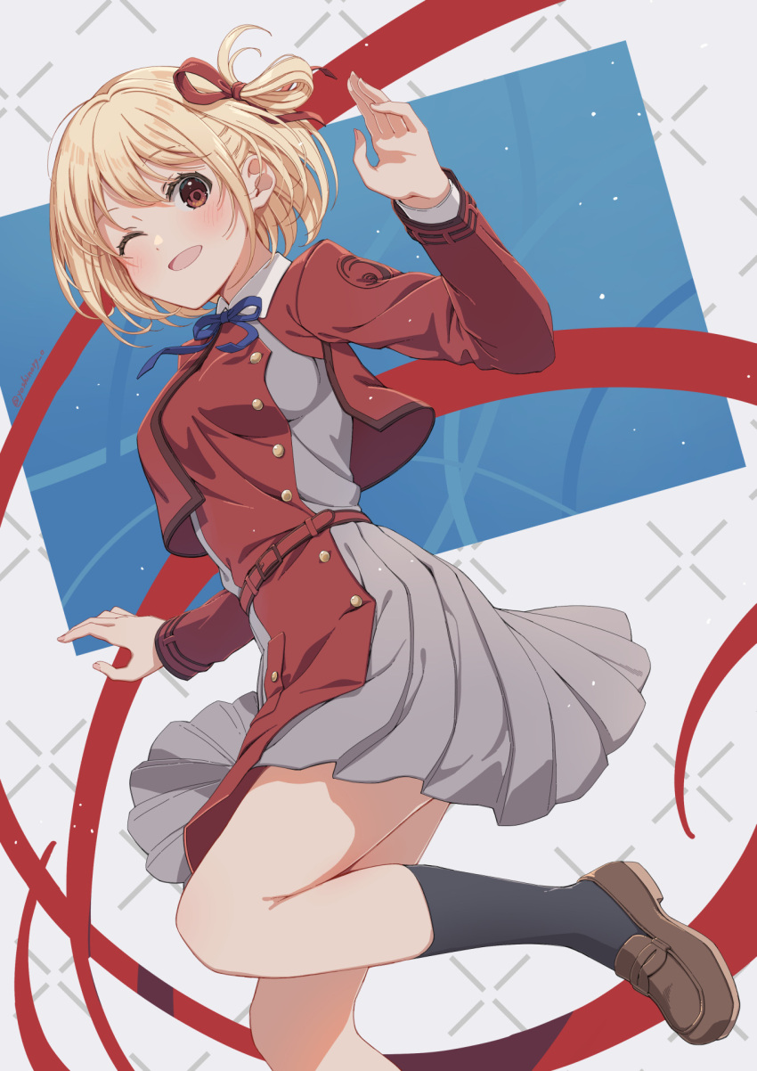 1girl ;d black_socks blonde_hair blush breasts brown_footwear commentary_request dress grey_dress hair_ribbon highres loafers long_sleeves lycoris_recoil medium_breasts nishikigi_chisato one_eye_closed pleated_dress red_dress red_eyes red_ribbon ribbon shoes smile socks solo standing standing_on_one_leg two-tone_dress yoshino_ryou