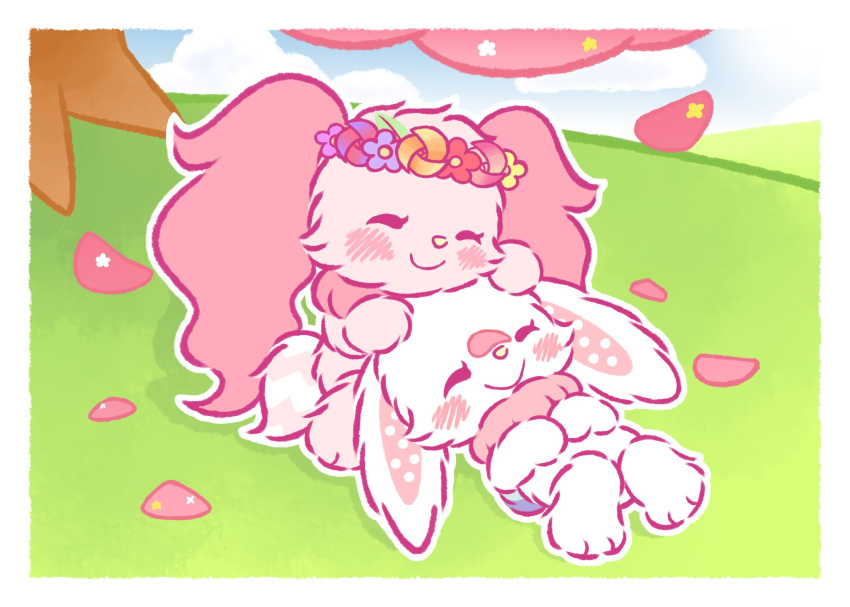 2022 afternoon anthro bird_dog blush canid canine canis cherry_blossom chest_tuft cloud daww digital_drawing_(artwork) digital_media_(artwork) domestic_dog duo eyelashes female flower flower_crown fluffy fur happy hi_res hunting_dog kemono lagomorph leporid long_ears maimai_(sanrio) mammal mell multicolored_tail neroangero pink_ears plant rabbit rainbow_tail relaxing sanrio semi-anthro sitting sky smile spaniel summer tree tuft white_body white_fur wish_me_mell