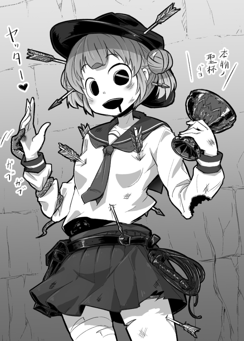 1girl 4shi arrow_(projectile) bangs bitten blood blood_on_face burnt_clothes commentary_request cowboy_shot cup dango-chan_(4shi) double_bun grail greyscale hair_between_eyes hair_bun hat highres holding holding_cup hollow_eyes indiana_jones_(series) long_sleeves looking_at_viewer monochrome necktie open_mouth original school_uniform serafuku shirt short_hair skirt solo translated