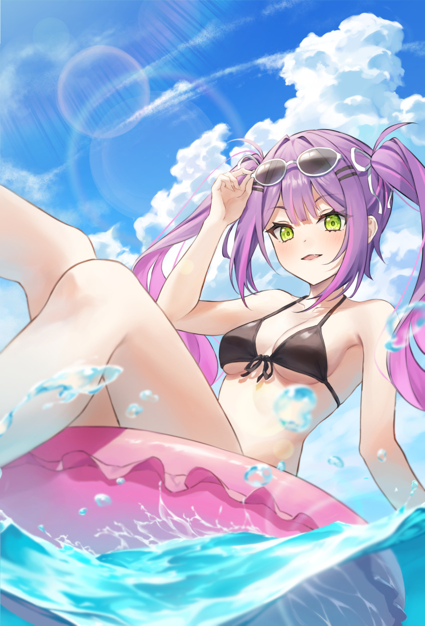 1girl bangs bare_arms bare_legs bikini black_bikini black_ribbon blue_sky breasts cleavage cloud collarbone day eyewear_on_head fang floating_hair front-tie_bikini front-tie_top gradient_hair green_eyes hair_ribbon halterneck highres hololive hololive_english innertube long_hair medium_breasts multicolored_hair open_mouth outdoors pink_hair purple_hair retsu_(retsu_3) ribbon shiny shiny_hair sideboob sitting sky solo sunglasses sunlight swimsuit tokoyami_towa twintails underboob very_long_hair virtual_youtuber white-framed_eyewear white_ribbon