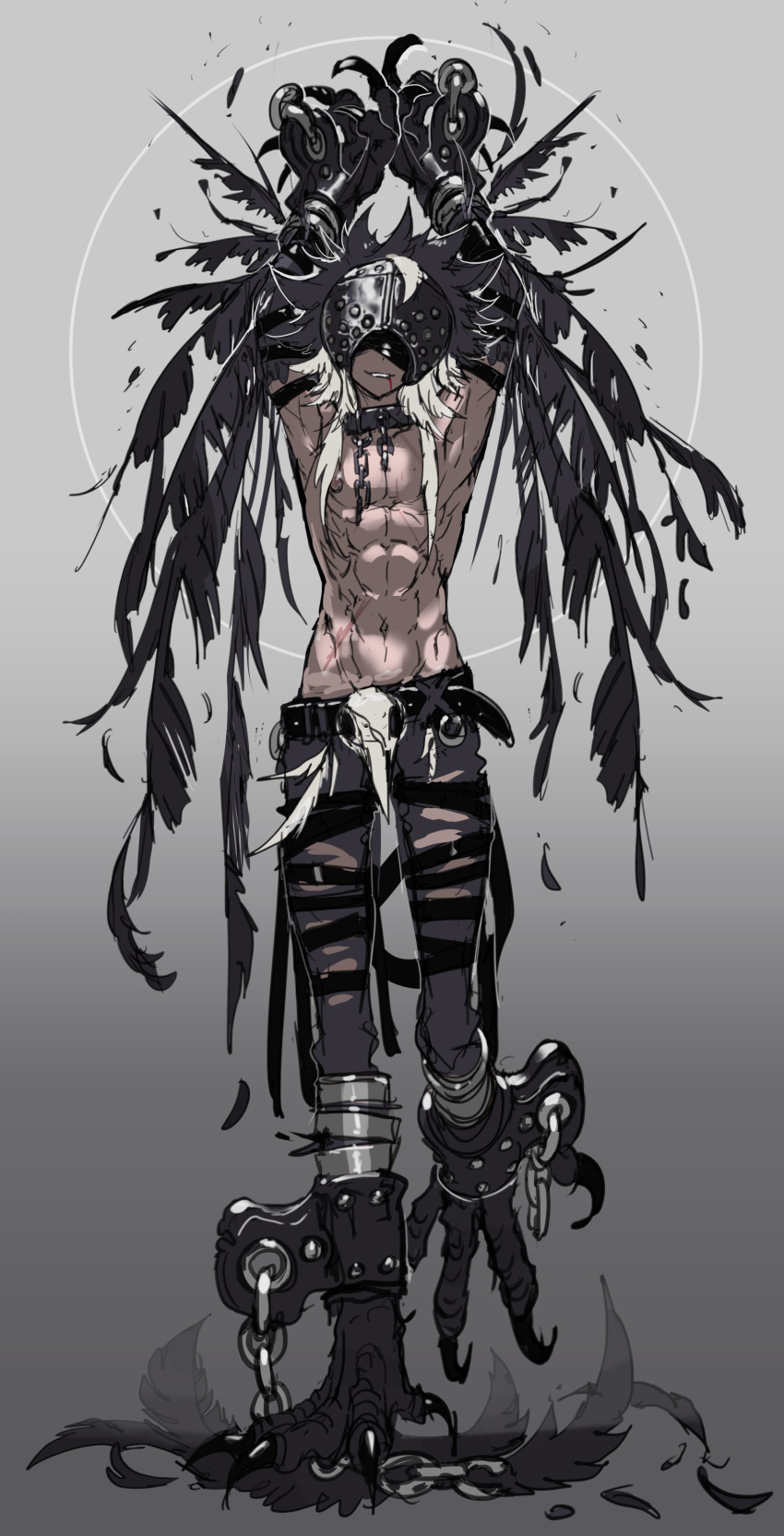 1boy absurdres animal_feet armlet arms_up belt black_belt black_feathers black_hair black_pants black_skin black_wings blood blood_from_mouth chain chained_wrists claws collar colored_skin covered_eyes dark-skinned_male dark_skin feathers full_body gradient gradient_background grey_background grey_hair grin harpy_boy highres male_focus metal_collar monster_boy nipple_piercing original pants piercing sa-dui short_hair_with_long_locks sketch smile solo talons toned toned_male topless_male torn_clothes torn_legwear walking winged_arms wings