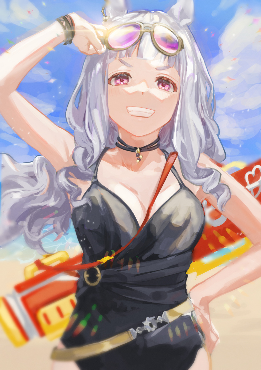 1girl absurdres adjusting_eyewear animal_ears arm_up bangs black_one-piece_swimsuit blunt_bangs bracelet breasts choker cleavage cloud eyewear_on_head glint gold_ship_(run_revolt_launcher)_(umamusume) gold_ship_(umamusume) grey_hair grin hand_on_hip highres horse_ears jewelry long_hair looking_at_viewer medium_breasts outdoors pink_eyes smile solo standing sunglasses swimsuit teeth umamusume upper_body v-shaped_eyebrows water_gun yoshiaki_(yosiaki_ml)