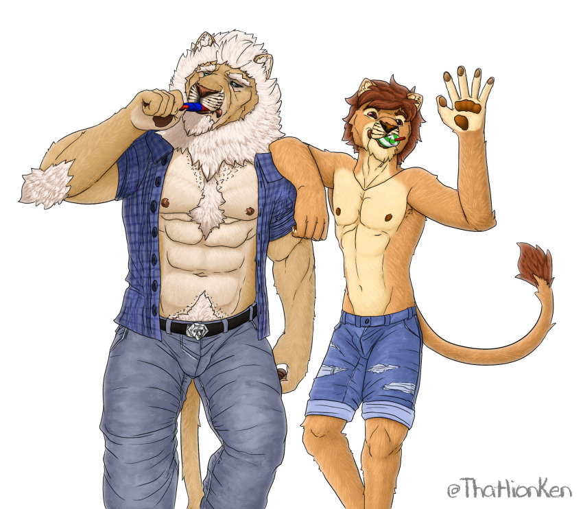 5_fingers abs anthro blue_bottomwear blue_clothing blue_shorts body_hair bottomwear brown_eyes brown_hair brown_nipples brown_pawpads brown_tail_tuft chest_hair citrine_lion clay_calloway_(sing) clothed clothing cutoffs denim denim_clothing duo felid fingers food fur hair hi_res holding_food holding_object holding_popsicle jeans leaning_on_shoulder lion looking_at_another looking_at_viewer male mammal mane max_(paddle_pop) muscular muscular_anthro muscular_male nipples open_clothing open_shirt open_topwear paddle_pop pantherine pants pawpads popsicle popsicle_in_mouth pubes shirt shirtless shorts simple_background standing tan_body tan_fur topwear twitter_handle wave white_background white_chest_tuft white_mane white_pubes