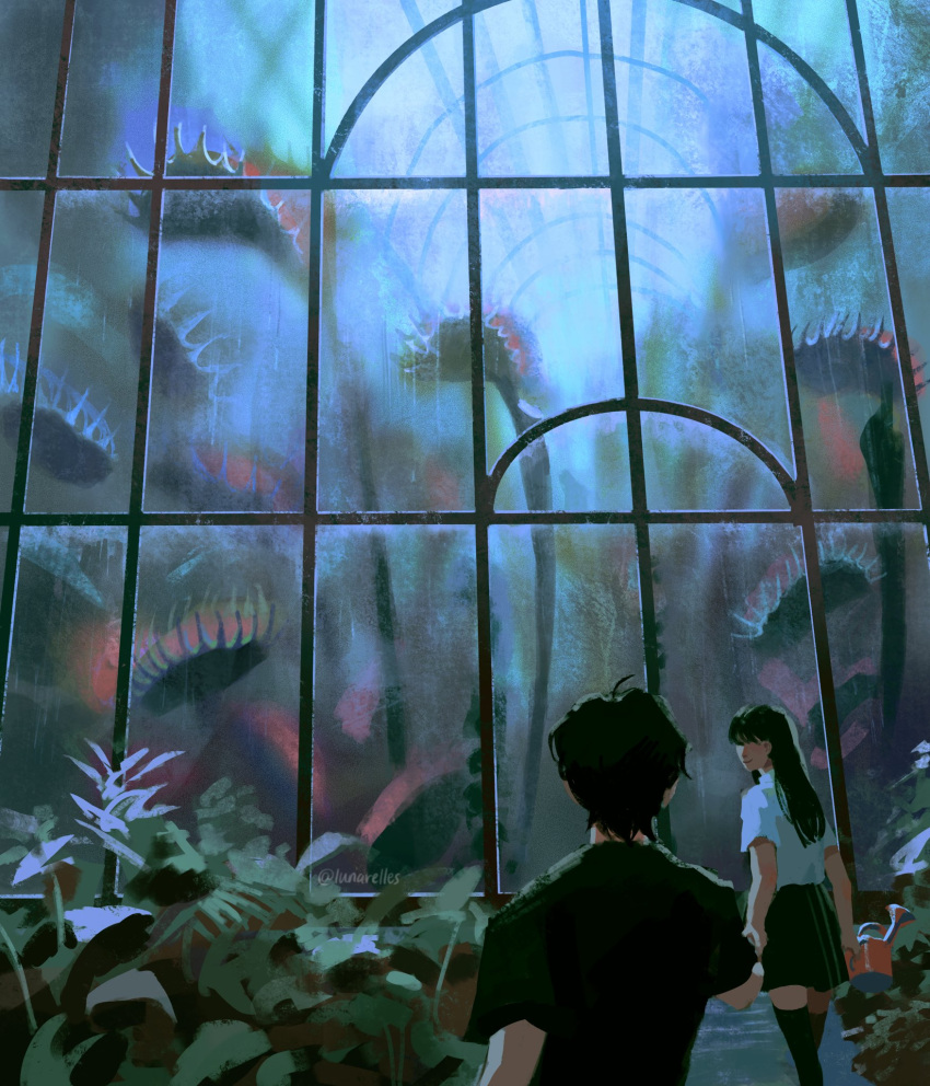 ahoge black_hair black_shirt black_skirt black_thighhighs closed_mouth greenhouse highres holding holding_hands holding_watering_can horror_(theme) looking_at_another lunarelles original oversized_plant painterly plant shirt skirt smile t-shirt thighhighs transparent twitter_username venus_flytrap walking watering_can