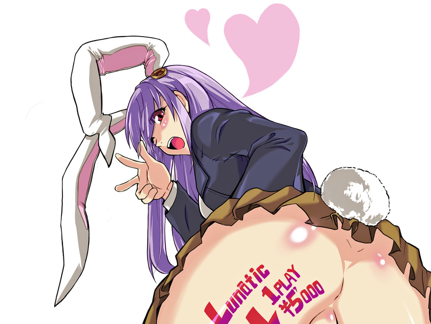 animal_ears ass bent_over blazer body_writing bunny_ears bunny_tail from_behind heart highres jacket long_hair looking_back no_panties one_eye_closed ooike_teru pleated_skirt prostitution purple_hair red_eyes reisen_udongein_inaba skirt smile solo tail touhou v