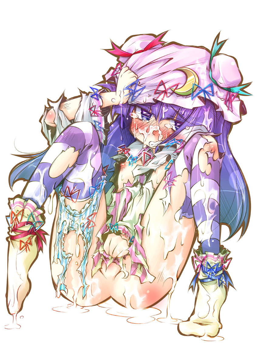 bukkake covering covering_crotch cum cum_on_body flat_chest hat hat_tug highres long_hair narumiya nipples panties patchouli_knowledge purple_eyes purple_hair solo striped striped_legwear tears thighhighs torn_clothes torn_legwear torn_panties touhou underwear