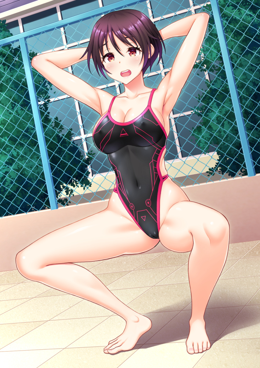 1girl armpits arms_behind_head barefoot black_one-piece_swimsuit breasts bush chain-link_fence cleavage competition_swimsuit covered_navel covered_nipples dutch_angle fence full_body highleg highleg_swimsuit highres kuri_(kurigohan) medium_breasts one-piece_swimsuit open_mouth original presenting_armpit round_teeth solo squatting swimsuit teeth two-tone_swimsuit upper_teeth window