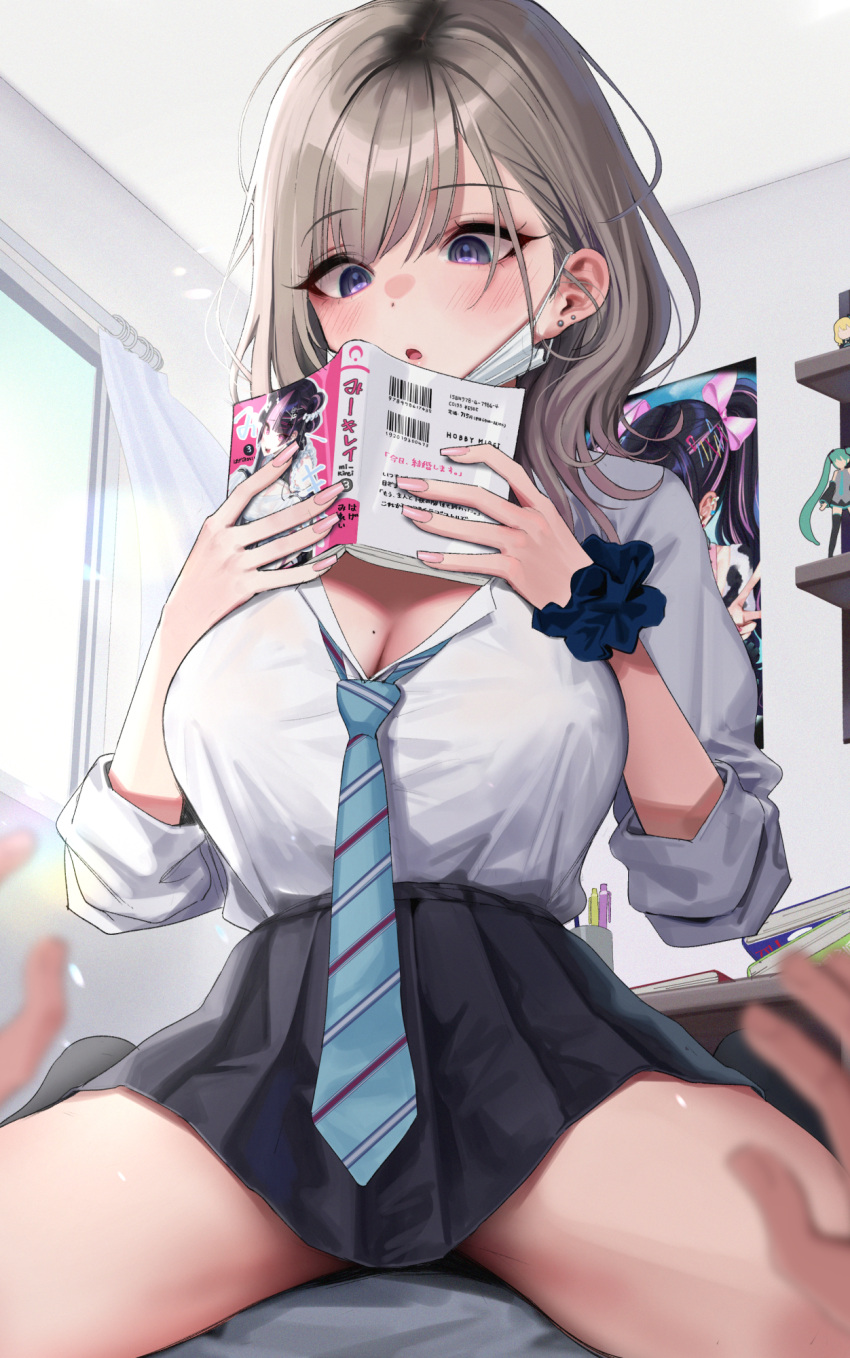 1boy 1girl :o bangs black_skirt blue_necktie blurry blurry_foreground blush book breasts cleavage curtains desk dot_nose ear_piercing earrings gyaru hands_up highres holding holding_book indoors jewelry kogal large_breasts light_brown_hair loose_necktie mask mask_pull mirei mole mole_on_breast mouth_mask necktie open_book original parted_lips piercing pleated_skirt poster_(object) purple_eyes school_uniform scrunchie shirt shirt_tucked_in sitting sitting_on_person skirt sleeves_rolled_up solo_focus spread_legs striped_necktie stud_earrings swept_bangs thighs white_mask white_shirt window wrist_scrunchie