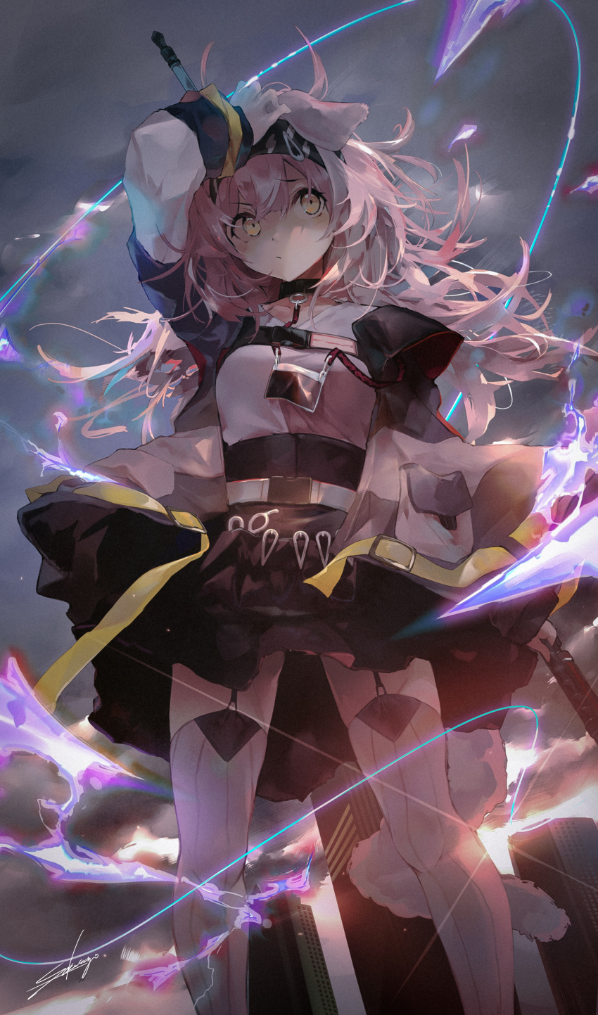 1girl absurdres animal_ears arknights bangs black_hairband black_skirt cat_ears electricity feet_out_of_frame garter_straps goldenglow_(arknights) hairband highres jacket long_hair miniskirt open_clothes open_jacket originium_arts_(arknights) pink_hair sakusyo skirt solo standing thighhighs yellow_eyes zettai_ryouiki