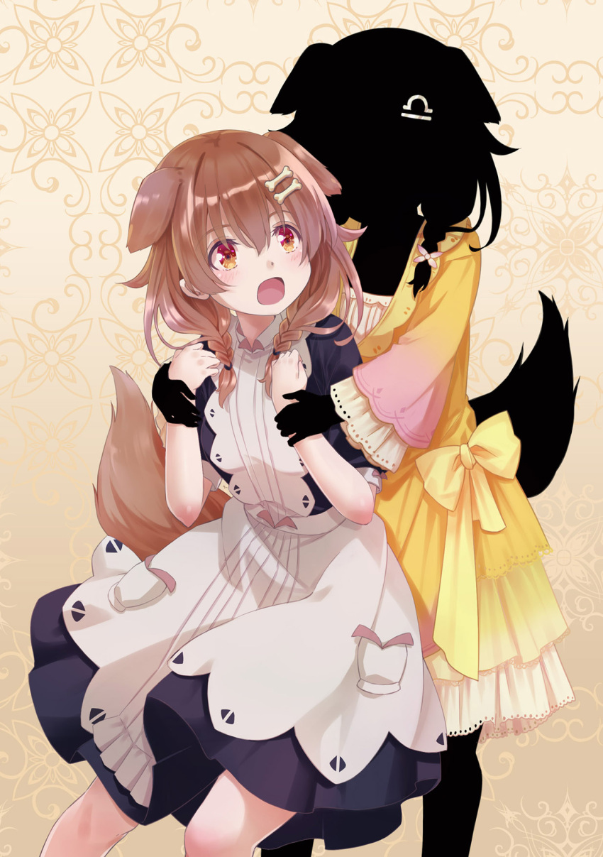 2girls 54hao animal_ears apron bangs black_dress bone_hair_ornament braid brown_background brown_hair cartoon_bone dog_ears dog_girl dog_tail dress dual_persona hair_between_eyes hair_ornament hair_over_one_eye highres hololive inugami_korone libra long_hair long_sleeves low_twintails multiple_girls open_mouth puffy_short_sleeves puffy_sleeves red_eyes shadow_(shadows_house) shadows_house short_sleeves tail twin_braids twintails virtual_youtuber white_apron wide_sleeves yellow_dress