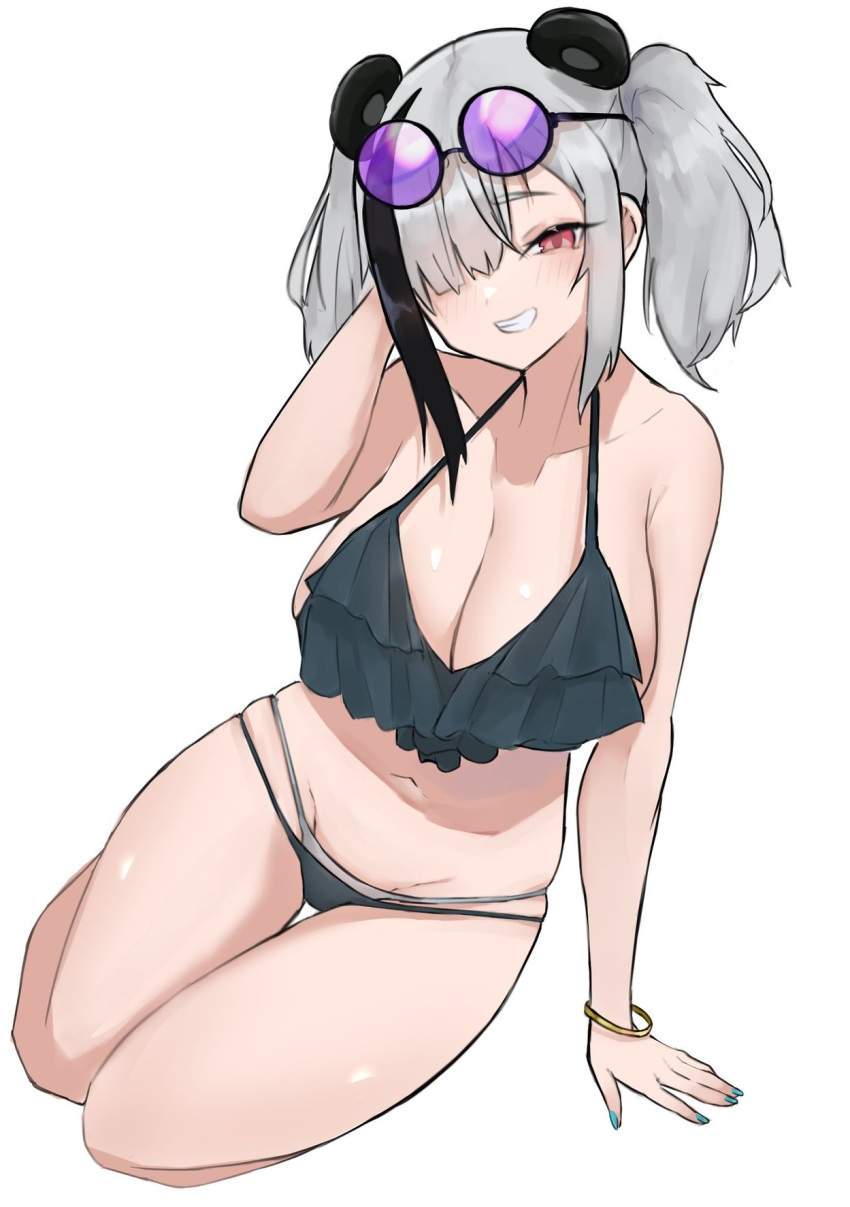 1girl :d animal_ears arknights bare_arms bare_shoulders bear_ears bikini black_bikini blue_nails blush bracelet breasts cleavage collarbone eyewear_on_head feater_(arknights) full_body grey_hair grin hair_over_one_eye highres jewelry large_breasts layered_bikini looking_at_viewer multicolored_hair nail_polish parted_lips purple-framed_eyewear red_eyes round_eyewear short_hair short_twintails sidelocks simple_background sitting smile solo streaked_hair sunglasses swimsuit teeth thigh_gap twintails two-tone_hair unknownnoname0 white_background