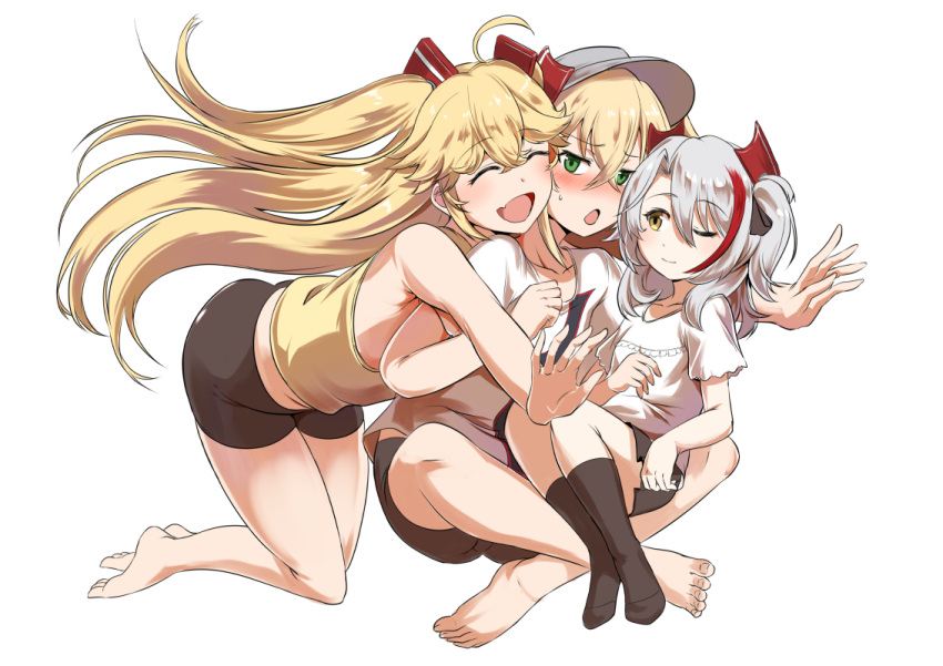 3girls admiral_hipper_(azur_lane) antenna_hair azur_lane blonde_hair bluecher_(azur_lane) blush closed_eyes cross green_eyes hat hug hug_from_behind iron_cross little_prinz_eugen_(azur_lane) long_hair looking_at_another multicolored_hair multiple_girls one_eye_closed open_mouth peaked_cap smile split-color_hair steed_(steed_enterprise) streaked_hair two_side_up yellow_eyes younger