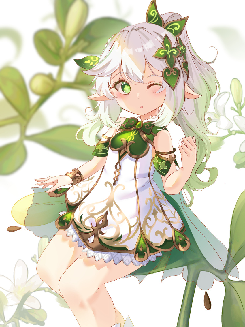 1girl ;o bare_shoulders blurry blurry_background blush breasts commentary_request cross-shaped_pupils depth_of_field dress feet_out_of_frame flower genshin_impact gradient_hair green_eyes green_hair grey_hair hand_up highres holmemee long_hair looking_at_viewer multicolored_hair nahida_(genshin_impact) one_eye_closed parted_lips pointy_ears ponytail simple_background sleeveless sleeveless_dress small_breasts solo white_background white_dress white_flower